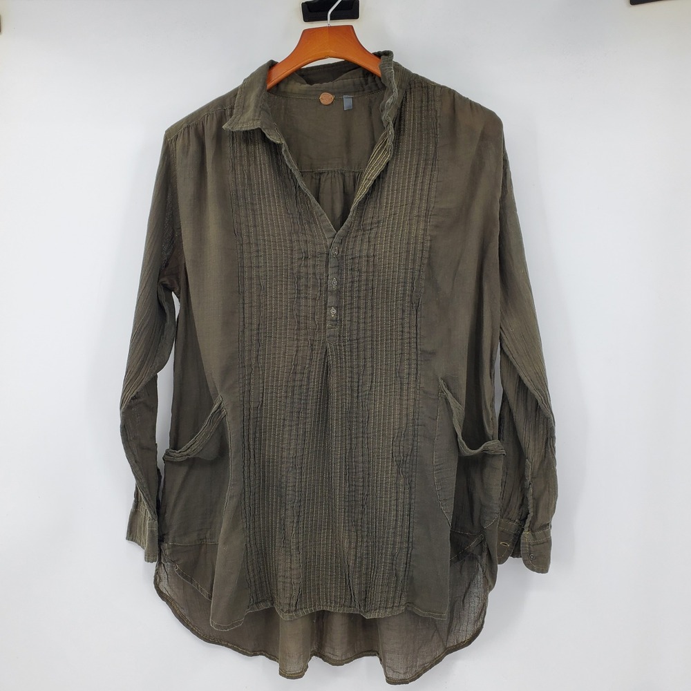 FP One Free People Olive Green Pintuck Gauze Tunic Top Long Sleeve Lagenlook